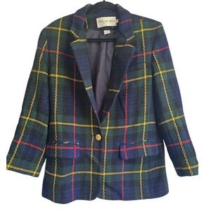JH Collectibles Petites Vintage 100% Wool Plaid Blazer Green Blue Yellow Red 8P‎